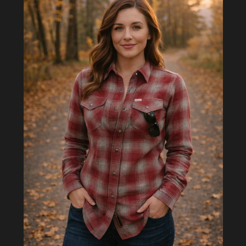 Dixxon Pinot Flannel Shirt Women’s Small Red Gray Plaid Pearl Snap Long Sleeve